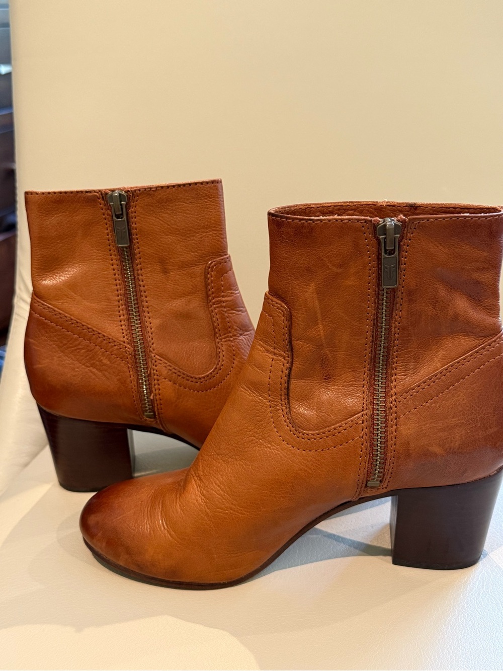 Frye Women’s Cognac Leather Zip Ankle Boots
